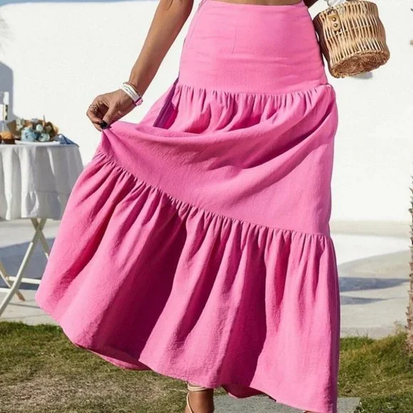 High Waist Ruffle Hem Skirt PINK - Picture 2 of 8